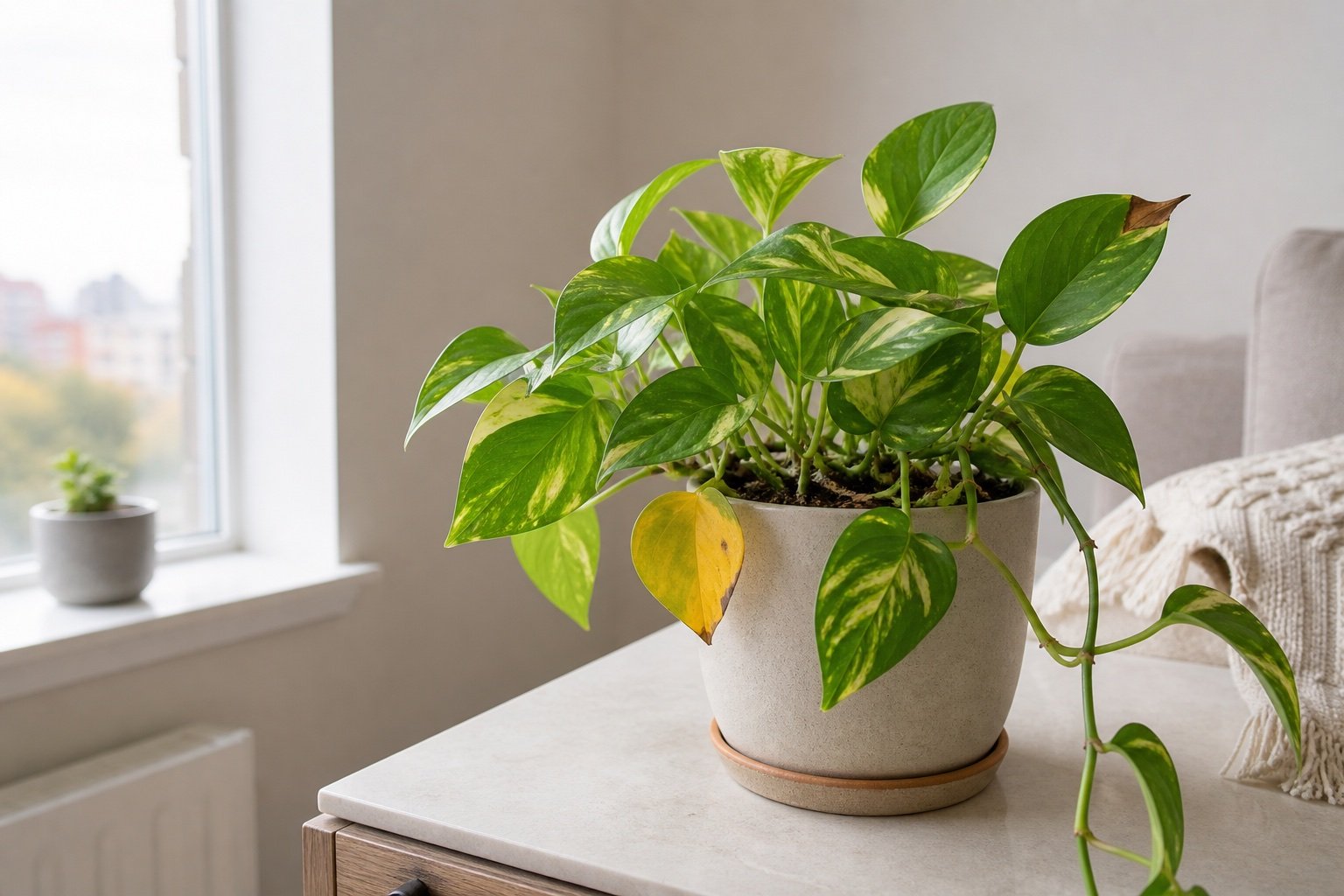 Golden pothos with a yellow leaf, brown tip, and drooping vine in an apartment