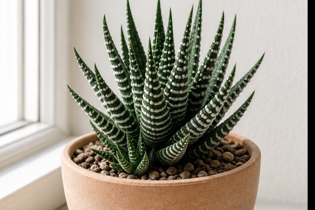 Zebra haworthia care profile showing a compact healthy Haworthiopsis attenuata rosette