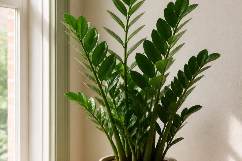 ZZ plant care profile showing a healthy Zamioculcas zamiifolia indoors