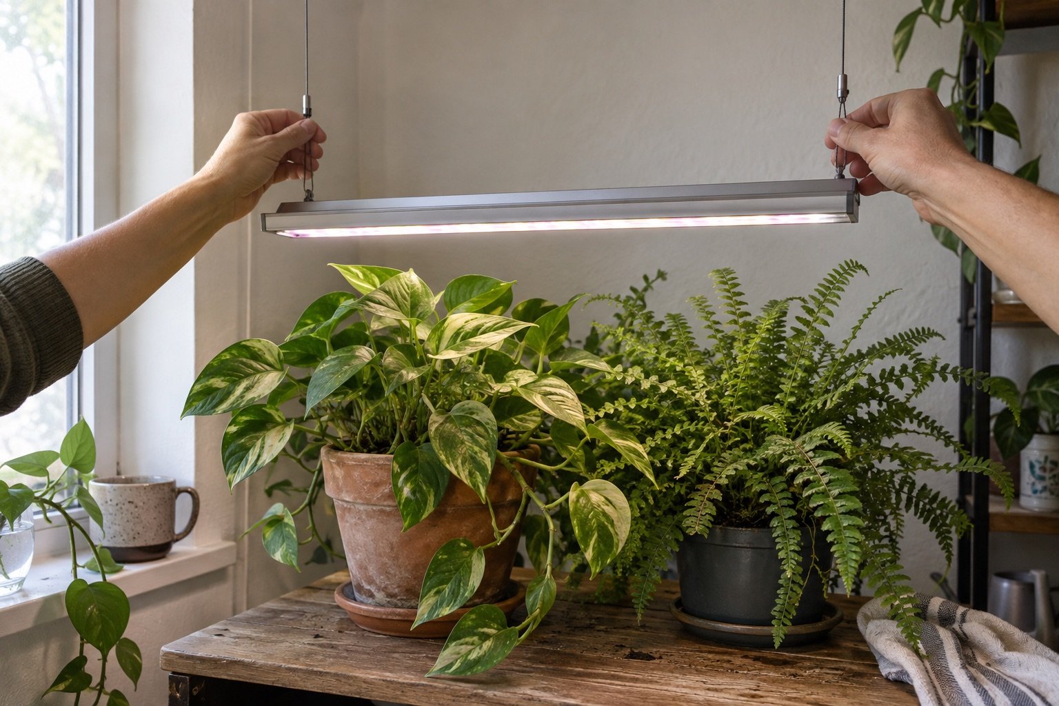 AI-generated photorealistic image illustrating acclimate houseplants to grow lights, adjust.