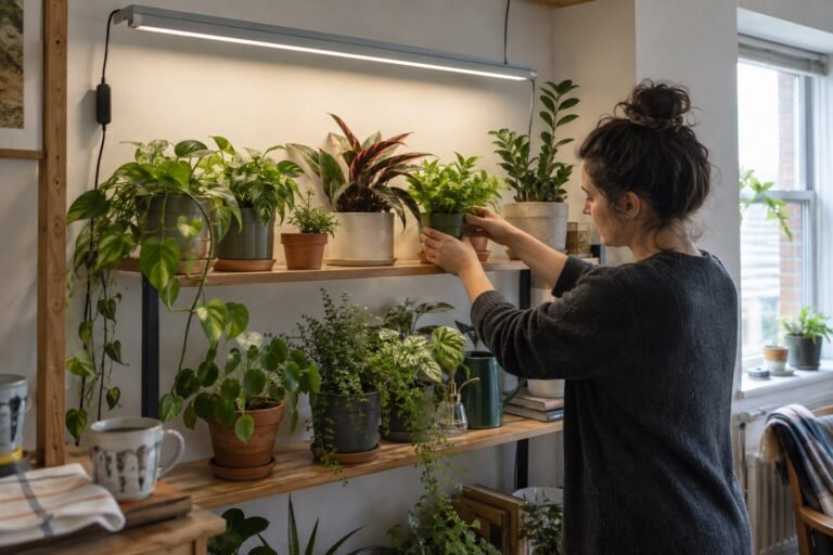 AI-generated photorealistic illustration of acclimate houseplants to grow lights, showing hero.