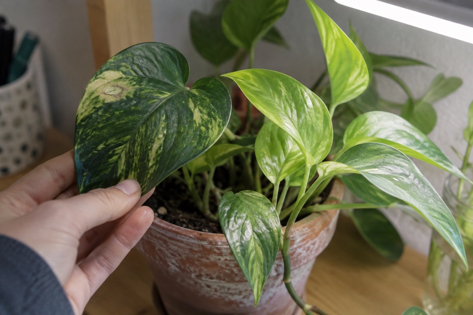 AI-generated photorealistic image illustrating acclimate houseplants to grow lights, observe.