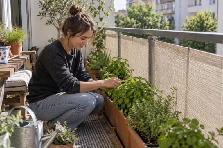 AI-generated photorealistic illustration of balcony wind protection for plants, showing hero.