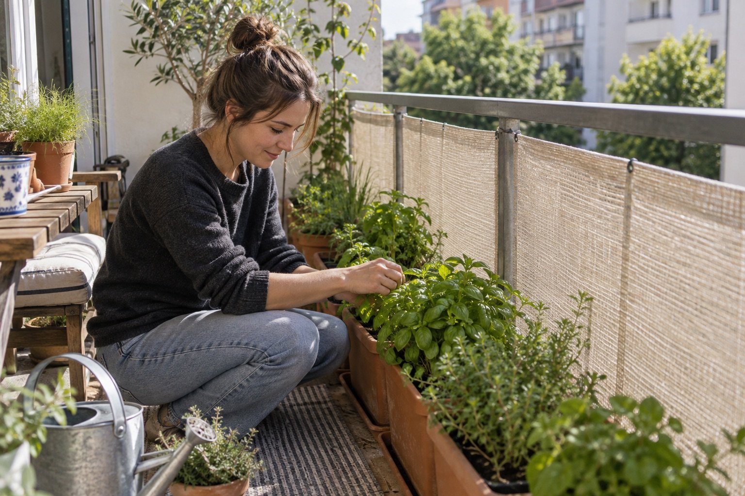 AI-generated photorealistic illustration of balcony wind protection for plants, showing hero.