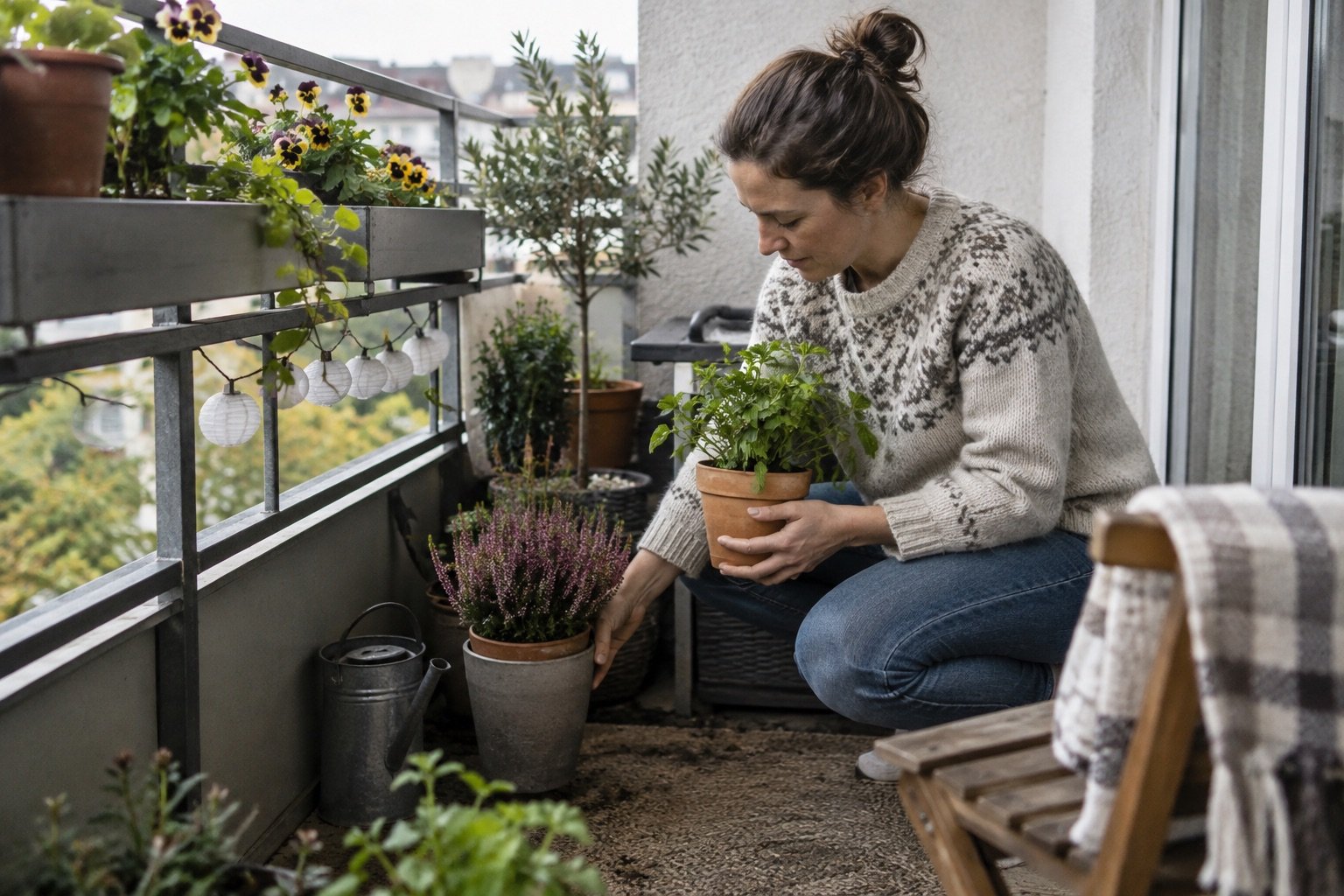 AI-generated photorealistic image illustrating balcony wind protection for plants, storm.