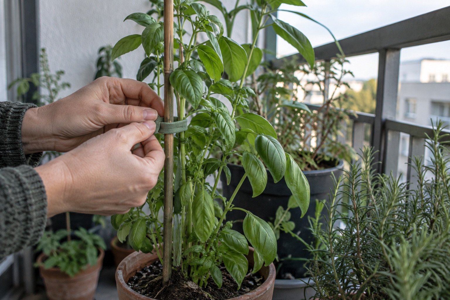 AI-generated photorealistic image illustrating balcony wind protection for plants, ties.