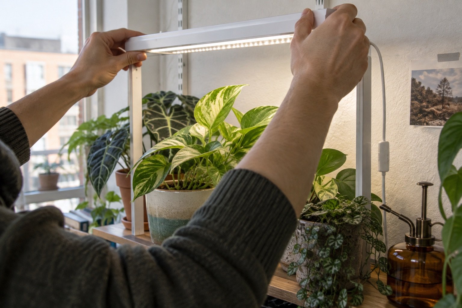 AI-generated photorealistic image illustrating grow light burn vs sunburn, adjust.