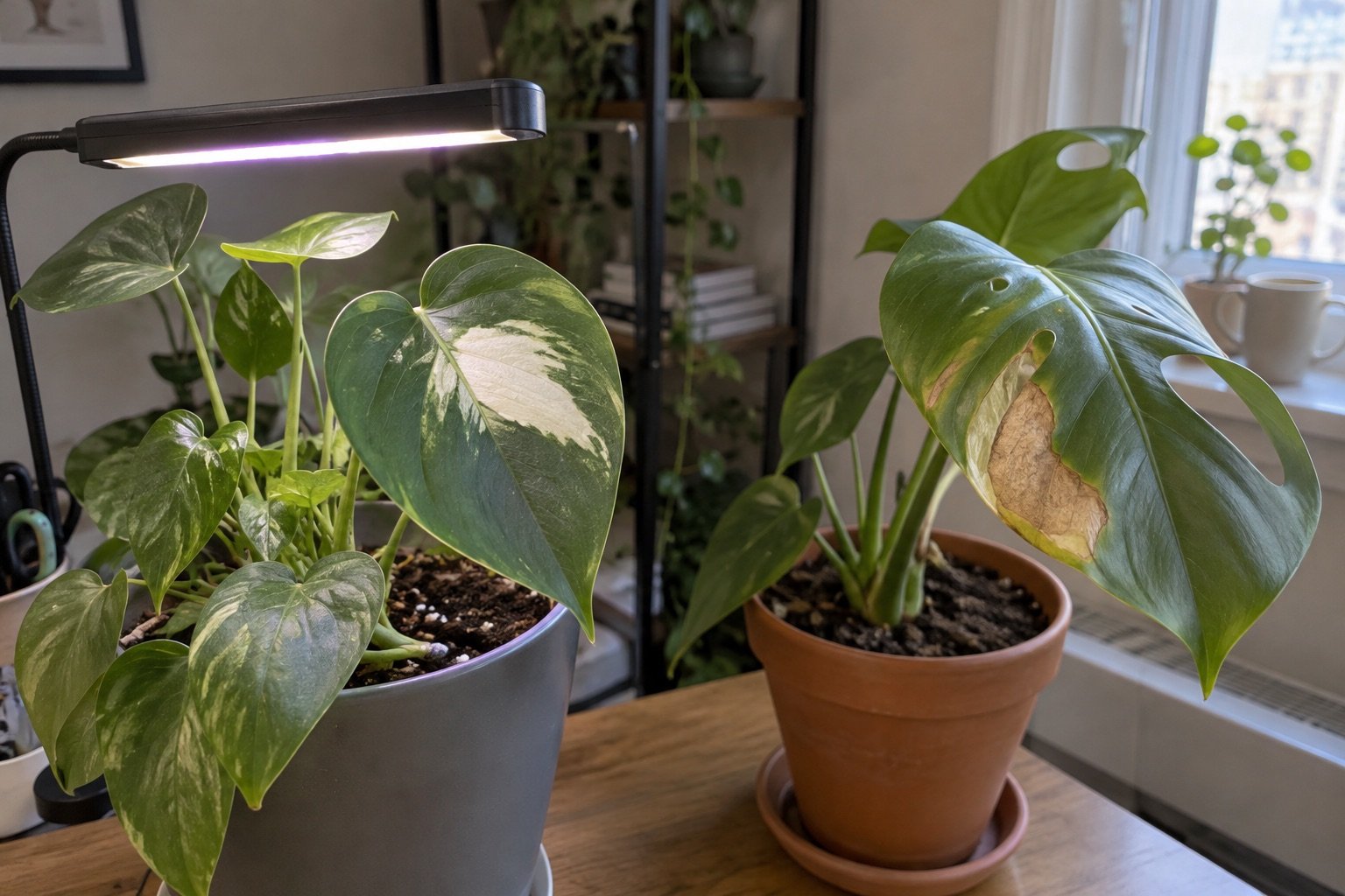 AI-generated photorealistic illustration of grow light burn vs sunburn, showing hero.