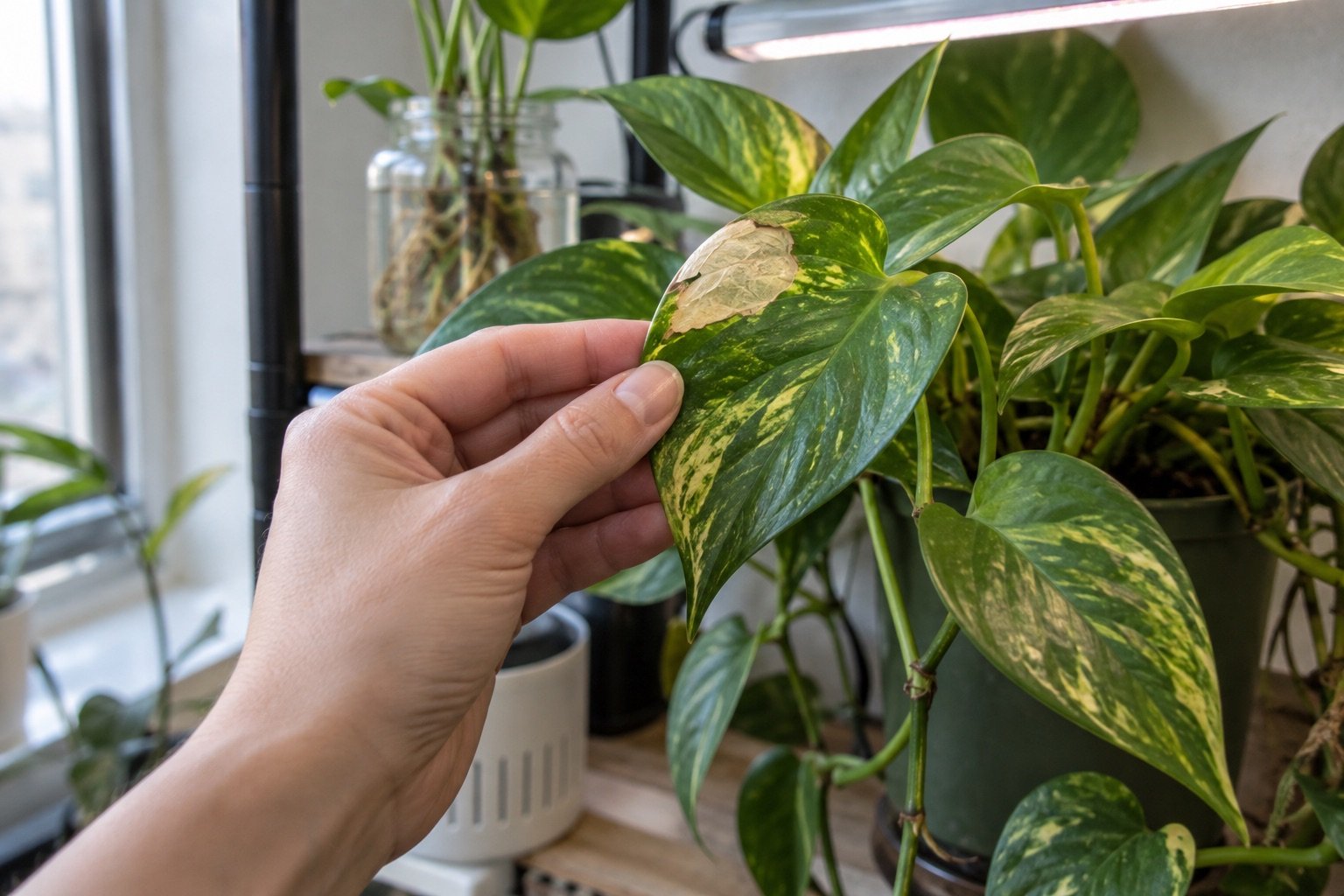 AI-generated photorealistic image illustrating grow light burn vs sunburn, inspect.