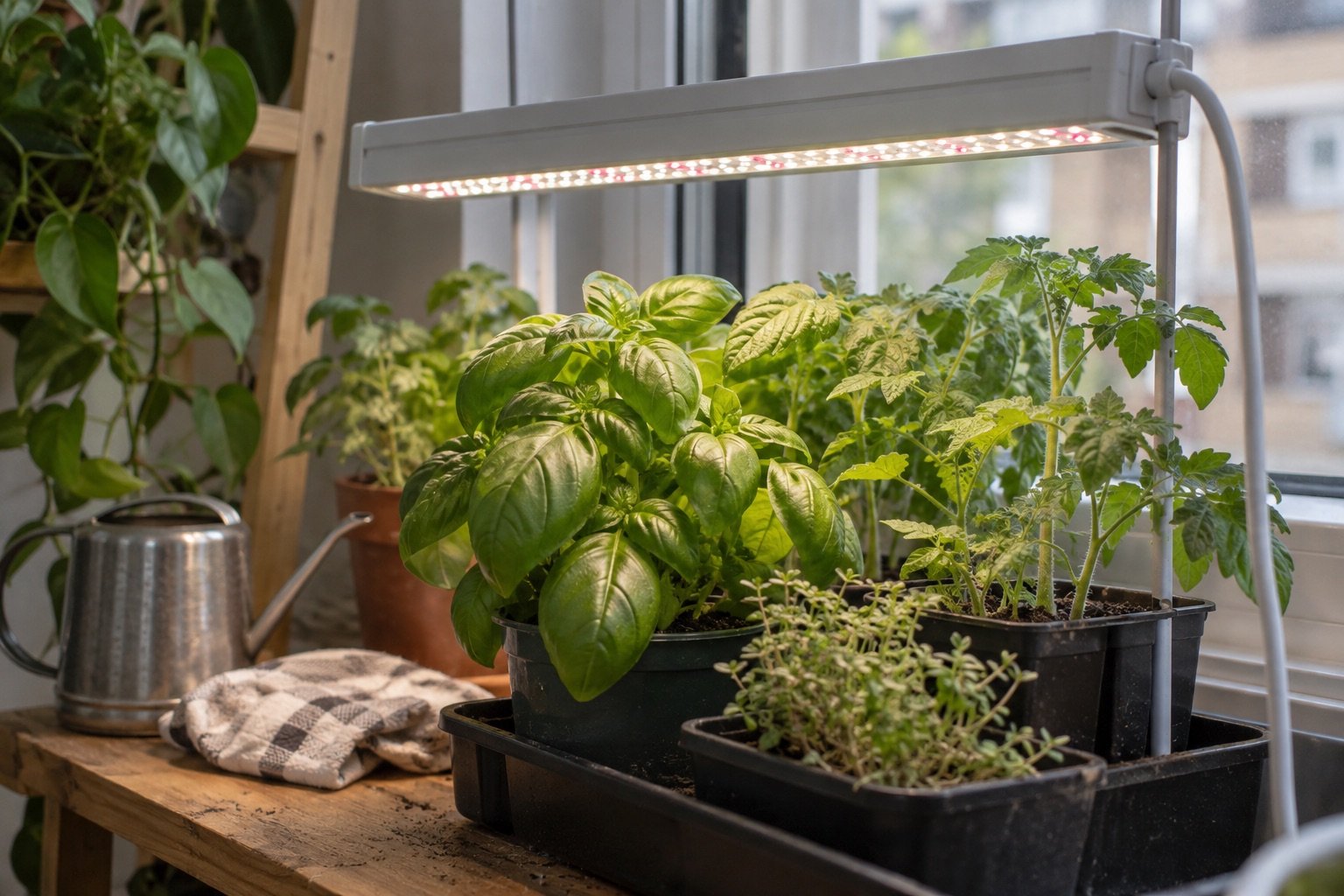 AI-generated photorealistic image illustrating grow light color temperature, fixture.