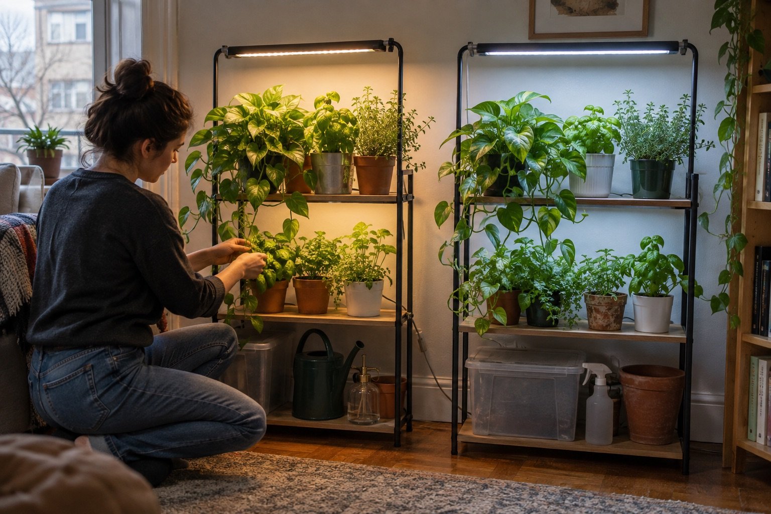 AI-generated photorealistic illustration of grow light color temperature, showing hero.