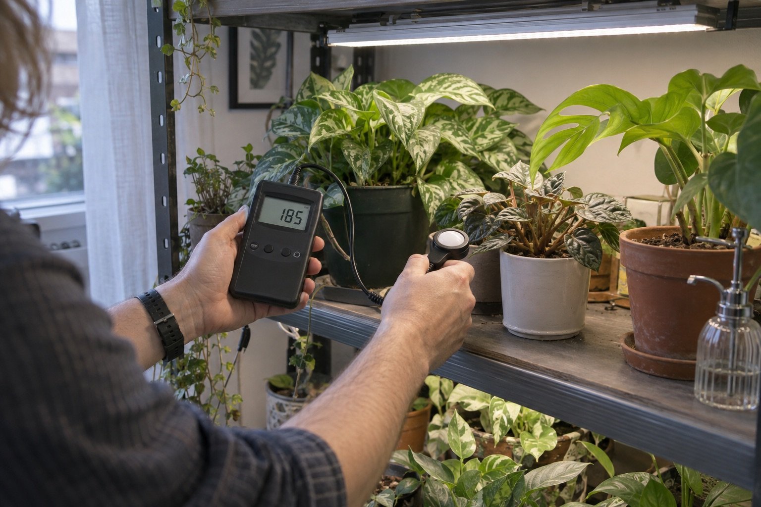 AI-generated photorealistic image illustrating grow light watts per square foot, coverage, with a simulated instrument reading.