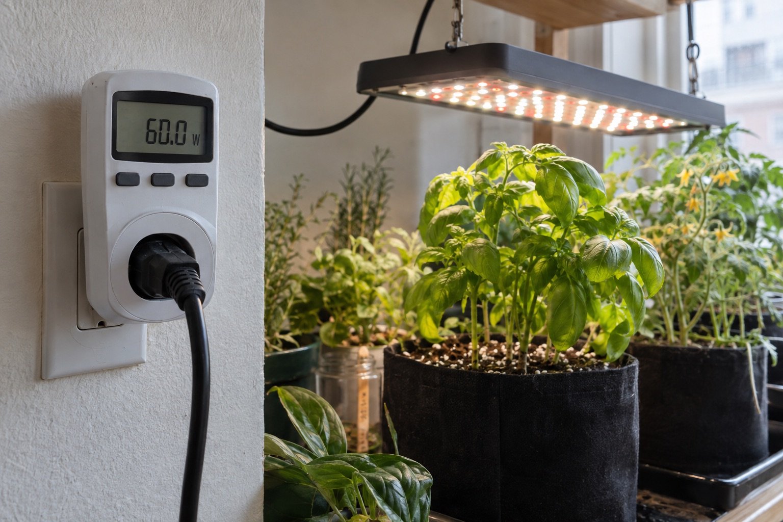 AI-generated photorealistic image illustrating grow light watts per square foot, power, with a simulated instrument reading.