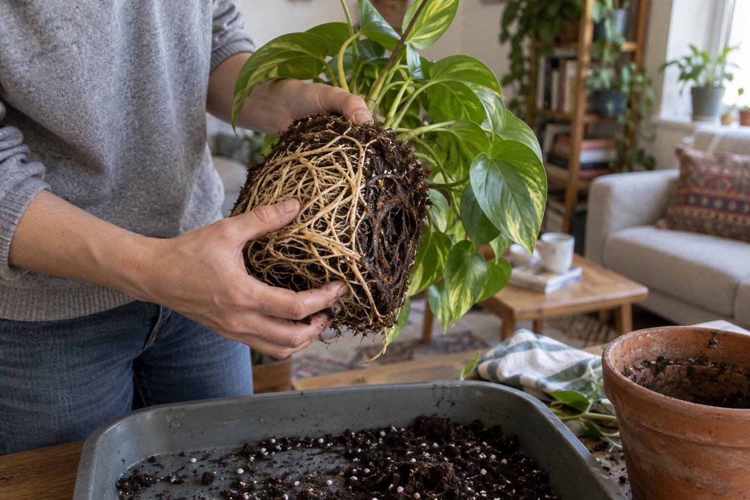 AI-generated photorealistic illustration of healthy roots vs root rot houseplants, showing hero.