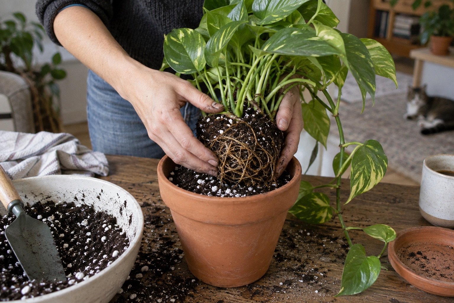 AI-generated photorealistic image illustrating healthy roots vs root rot houseplants, repot.