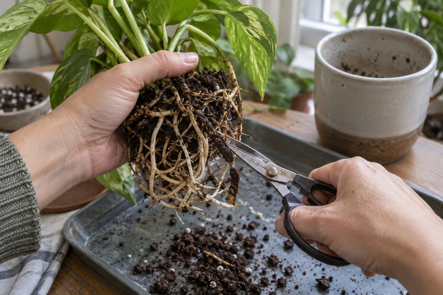 AI-generated photorealistic image illustrating healthy roots vs root rot houseplants, trim.