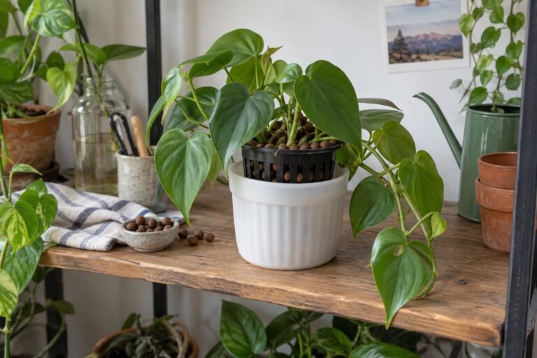 AI-generated photorealistic illustration of how to use leca for houseplants, showing hero.