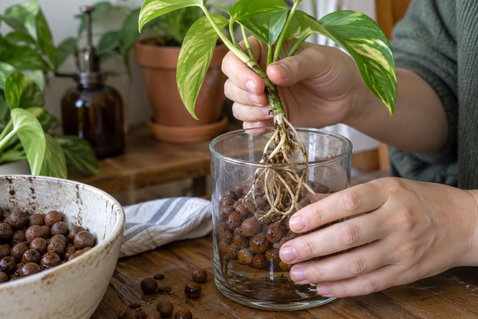 AI-generated photorealistic image illustrating clean houseplant roots positioned in LECA.