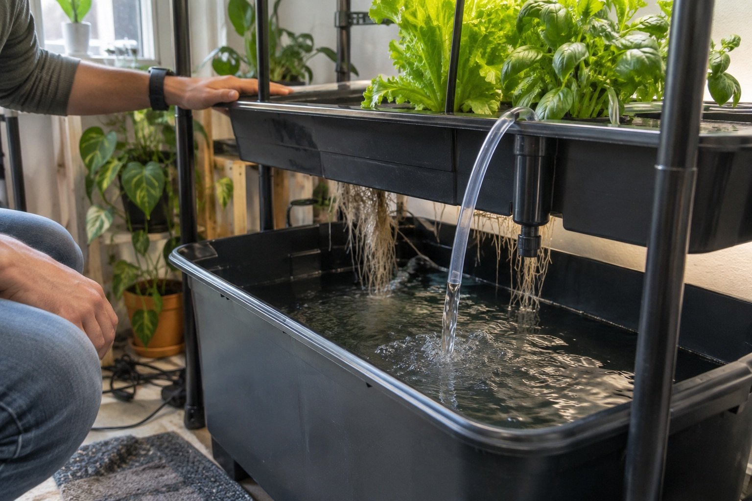 AI-generated photorealistic image illustrating hydroponic reservoir size, drainback.