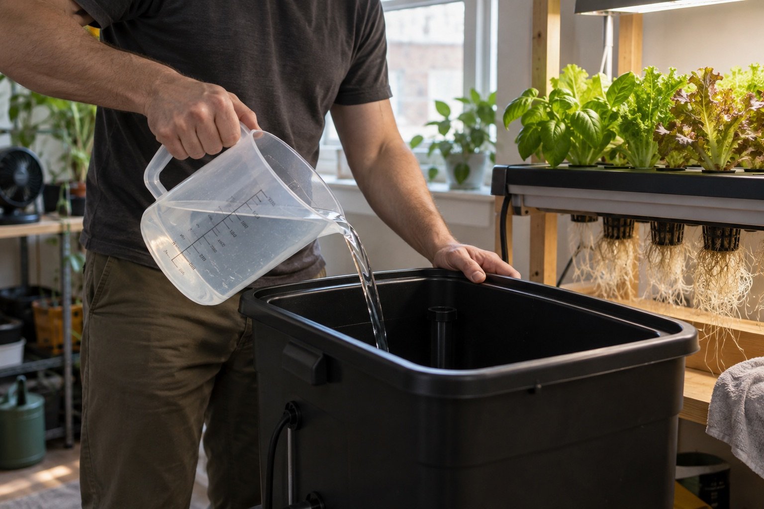 AI-generated photorealistic image illustrating hydroponic reservoir size, measure.