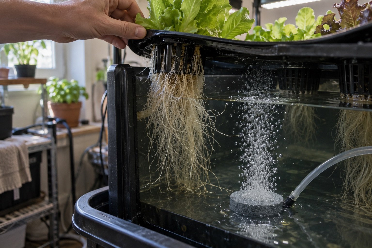 AI-generated photorealistic image illustrating hydroponic root rot, aeration.