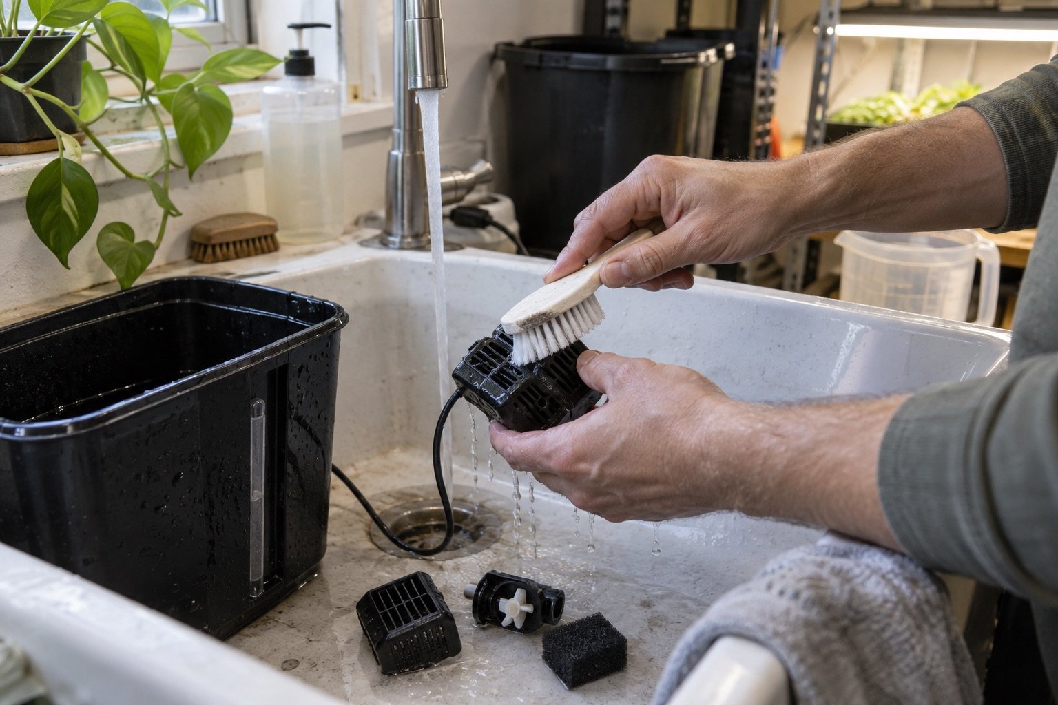AI-generated photorealistic image illustrating hydroponic root rot, cleaning.