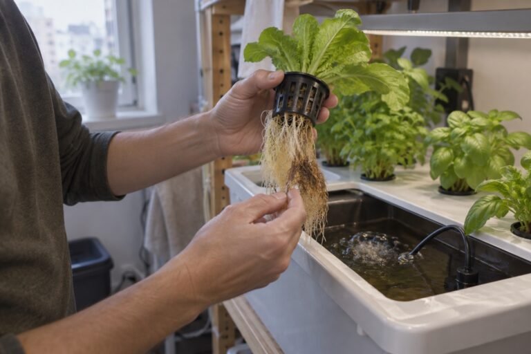 AI-generated photorealistic illustration of hydroponic root rot, showing hero.