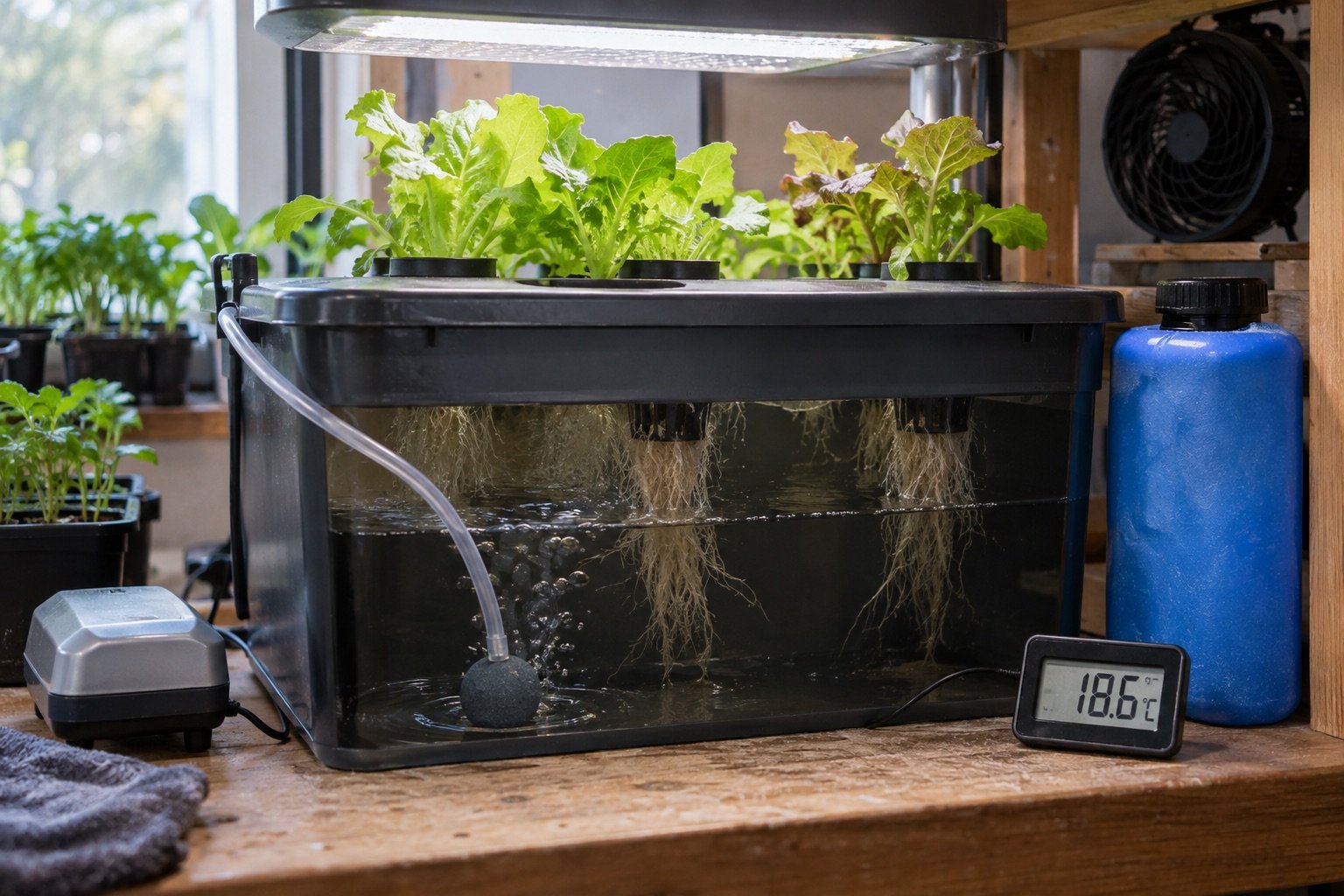 AI-generated photorealistic image illustrating hydroponic water temperature, cooling, with a simulated instrument reading.