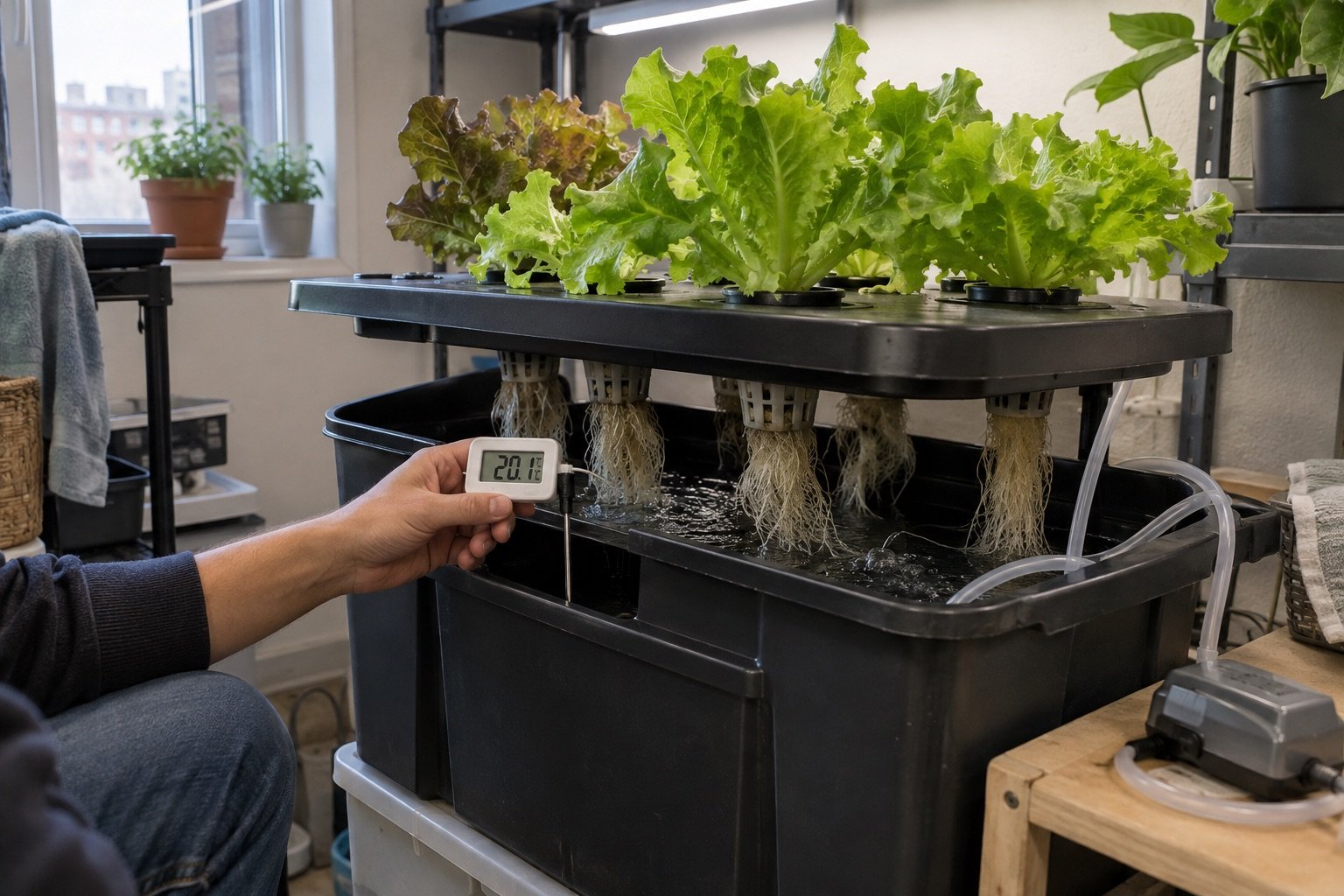 AI-generated photorealistic illustration of hydroponic water temperature, showing hero.