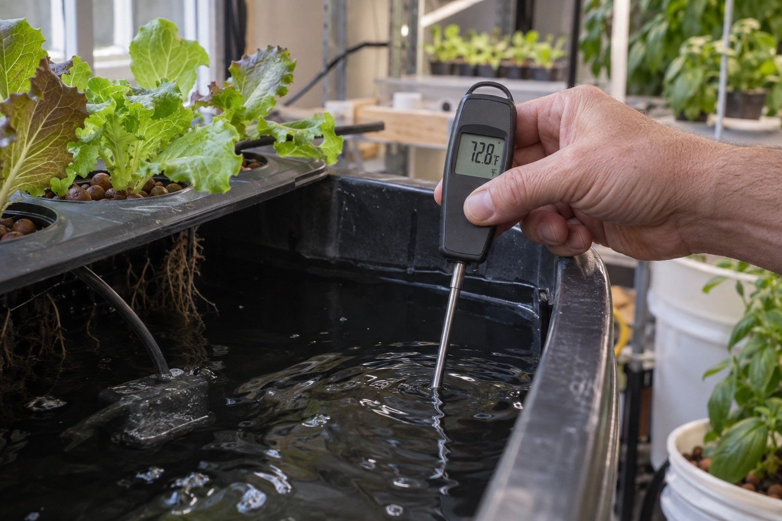 AI-generated photorealistic image illustrating hydroponic water temperature, thermometer, with a simulated instrument reading.