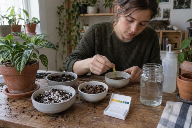 AI-generated photorealistic illustration of soil ph for houseplants, showing hero.