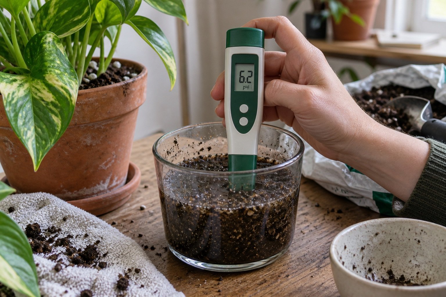 AI-generated photorealistic image illustrating soil ph for houseplants, reading, with a simulated instrument reading.